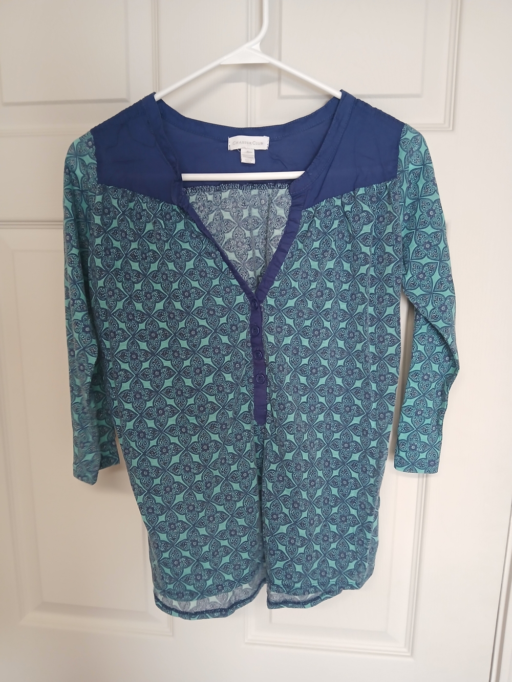 Charter Club Teal Patterned Henley Top Small Soft Stretchy Fall Casual